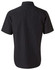 A black pinstripe short sleeve shirt featuring a classic collar and a logo on the back.