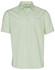 A green striped button-up shirt with short sleeves and a single chest pocket. Features a logo.