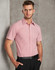 Men's short sleeve button-up shirt in red and white stripes, featuring a chest pocket and a logo.