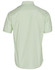 A light green short sleeve button-up shirt with a vertical stripe pattern and a logo on the back.
