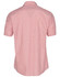 A men's short sleeve button-up shirt featuring a red and white vertical stripe pattern and a logo on the back.