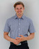 A short-sleeved men's button-up shirt in navy and white gingham check pattern, featuring a logo.