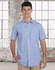 A short-sleeved men's button-up shirt in blue and white gingham check, featuring a logo on the chest.