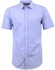 A short-sleeved men's button-up shirt in a blue and white gingham check pattern, featuring a collar and buttons.