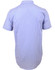 A short-sleeved men's shirt in a blue and white gingham check pattern, featuring a collar and a logo on the back.