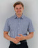 A short-sleeved men's button-up shirt in navy and white gingham check pattern, featuring a logo.