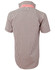 A brown and white gingham check short-sleeve button-up shirt with a red collar and branding.