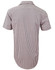 A short-sleeved men's button-up shirt featuring a brown and white gingham check pattern, with a logo on the back.