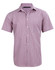 A short-sleeved button-up shirt featuring a two-tone mini check pattern in red and white. Includes a chest pocket and branding.