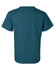A teal unisex scrub short sleeve tunic top, featuring a simple design and a back view. Has a logo on the fabric.
