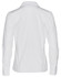 A white women's long sleeve button-up shirt featuring a classic collar and a logo on the back.