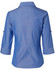 A blue women's button-up shirt with 3/4 sleeves, featuring a collar and rolled-up cuffs. The shirt has a logo.