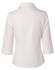A white women's button-up shirt featuring 3/4 sleeves and a back view with a logo.