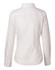 A women's white long-sleeve cotton/poly stretch button-up shirt, featuring a back view and a logo on the label.