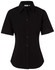 A black women's short-sleeve button-up shirt with a fitted design and a collar. It features a branded tag.