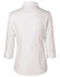 A white women's button-up shirt with 3/4 sleeves and a standard collar, featuring a logo.