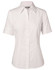 A short-sleeved women's button-up shirt in white with a self-stripe pattern and a collar. Features a logo on the label.