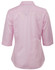 A pink women's button-up shirt with 3/4 sleeves and a fitted design, featuring a logo on the back.