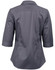 A grey women's button-up shirt with 3/4 sleeves and a dobby striped pattern, featuring a collar and back detailing.