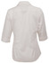 A white, button-up shirt with 3/4 sleeves and a fitted design, featuring a back view and branding on the collar.