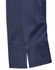 A close-up of a navy blue shirt sleeve with a subtle striped pattern and a taped hem detail.