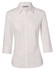 A white women's button-up shirt with a mini herringbone pattern and 3/4 sleeves. Features a collar and buttons down the front.
