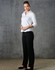 A white women's mini herringbone button-up shirt with 3/4 sleeves, paired with black trousers.