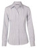 A button-up shirt in blue and white ticking stripes, featuring a classic collar and long sleeves. It has a logo.