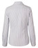 A button-up shirt in white and navy ticking stripes with long sleeves and a classic collar. Features a logo.