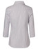 A striped women's 3/4 sleeve button-up shirt in white and navy, featuring a classic collar and rolled sleeves.