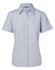 A light blue women's button-up shirt with short sleeves and a fine stripe pattern. It features a collar and buttons down the front.