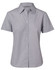 A women's short-sleeve button-up shirt featuring fine stripes in grey with a collar and buttons down the front.