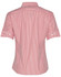 A short-sleeve women's button-up shirt featuring red and white stripes, with a back view showcasing the design.