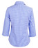 A blue and white check 3/4 sleeve button-up shirt with a stylish back design. Features a logo on the fabric.