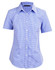 A ladies' short-sleeve button-up shirt in blue and white check pattern, featuring a fitted design and collar.
