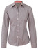 A women's long-sleeve button-up shirt in black and white gingham check pattern, featuring roll-up sleeves and a collar.