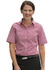 A short-sleeved women's button-up shirt featuring a red and white gingham check pattern. The shirt has a collar and a logo.