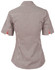 A short-sleeved women's button-up shirt in black and white gingham check with a red pattern on the sleeves. It features a logo.