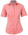 A red and white gingham check short-sleeve button-up shirt featuring a collar and a branded label.