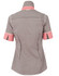A short-sleeved women's button-up shirt featuring a black and white gingham check pattern with contrasting red accents on the sleeves.