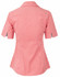 A women's short-sleeve button-up shirt in red and white gingham check pattern, featuring a fitted design and collar.