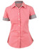A red gingham check button-up shirt with short sleeves and a black and white checked collar. Features a logo.
