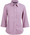 A red and white two-tone mini check button-up shirt with 3/4 sleeves and a collar. It features a logo at the neckline.
