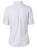 A light blue women's button-up shirt featuring short sleeves and a back pleat, with a logo on the label.