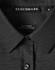 A black ladies' button-up shirt with a pin dot pattern, featuring a collar and a logo label.