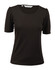A women's black scoop neck T-shirt with short sleeves and a slight gathering at the sleeves. It features a logo.