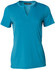 A short-sleeved, teal women's V-neck top featuring a tab design and a logo.