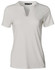 A ladies' V-neck short sleeve knit top in a soft off-white colour, featuring a tab detail at the neckline and a logo.