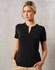 A black ladies' V-neck short sleeve knit top with a tab detail, featuring a logo on the chest.