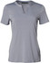 A grey ladies' V-neck short-sleeve knit top with a tab detail and a logo at the neck.
